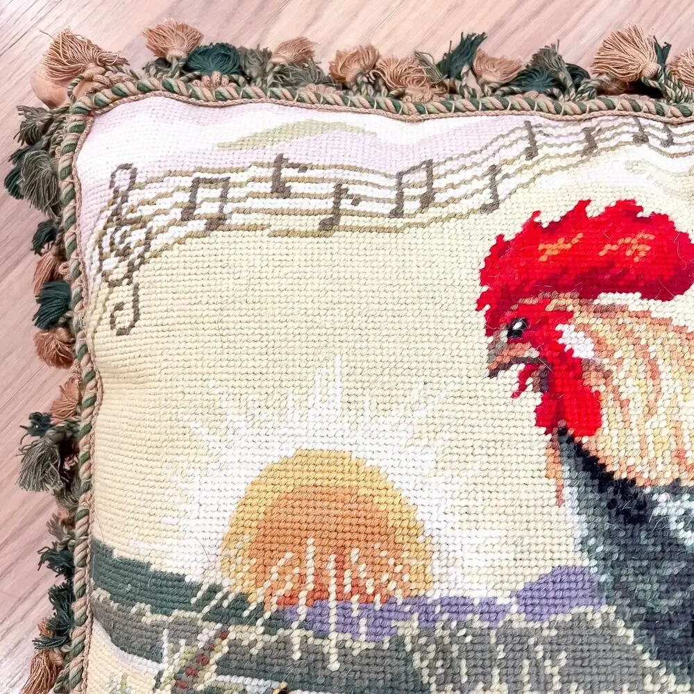 LARGE 22x18 Vintage French Country Rooster Frog Needlepoint Pillow Tassel Fringe - Picture 5 of 10
